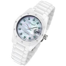 Rougois White Ceramic with Genuine Diamonds, Green Emeralds, and Mother of Pearl Dial