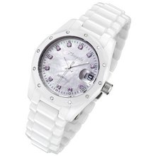 Rougois White Ceramic with Genuine Diamonds, Pink Sapphires, and Mother of Pearl Dial