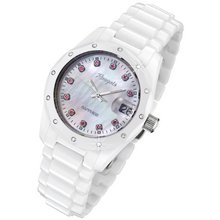 Rougois White Ceramic with Genuine Diamonds, Red Rubies, and Mother of Pearl Dial