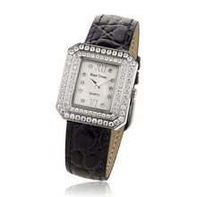 Cubic Zirconia Bezel Mother of Pearl Dial Stainless Steel Navy Blue Leather