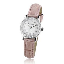 Cubic Zirconia Bezel Mother of Pearl Dial Sterling Silver Pink Leather Round