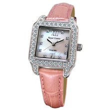 Cubic Zirconia Bezel Mother of Pearl Dial Sterling Silver Pink Leather