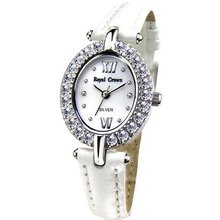 Cubic Zirconia Bezel Mother of Pearl Dial Sterling Silver White Leather