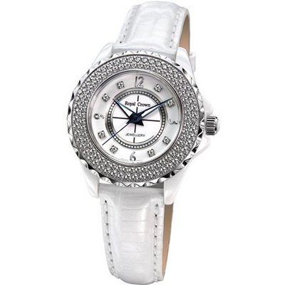 Cubic Zirconia Bezel White Ceramic and Stainless Steel White Leather