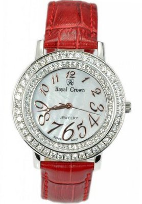 Royal Crown 3632 Jewelry Diamond Round Dial Red Leather Strap Wrist