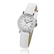 uRoyal Crown Cubic Zirconia Bezel Mother of Pearl Dial Sterling Silver White Leather Round 
