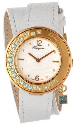 Salvatore Ferragamo F64SBQ52401 S001 Gancino Sparkling Gold Ion-Plated Rotating Turquoise Stone Bezel Double-Tour Leather Band