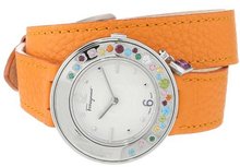 Salvatore Ferragamo F64SBQ90001 S165 Gancino Sparkling White Dial Rotating Bezel with Multicolor Gems Sapphire Crystal