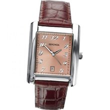 Sekonda Gents Analogue Pink Dial Date Burgundy Leather Strap Casual 3373