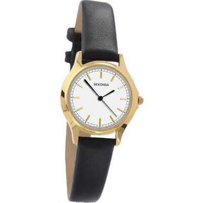 Sekonda Ladies black leather strap gold tone 4136