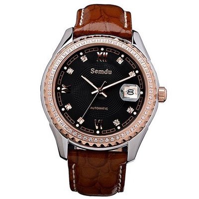 Semdu SD7001G Rose Gold Plating and Black Leather Black Dial