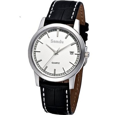 Semdu SD9025G Stainless Steel and Black Leather White Dial