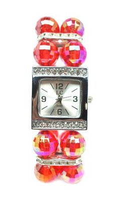 High Fashion Faceted Red Pink Iridescent Fire Polished Crystal Glass and CZ Silver Stretch