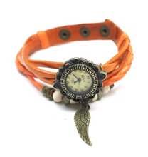 Orange Leather Antique Gold Bronze feather with Wood Beads Bohemian Bracelet wrist 7" to 8 1/4"