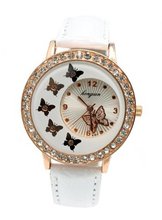 Rose Gold Butterfly CZ Vegan White Patent Leather Wrist 6 1/2" to 7 3/4"