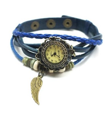 uShoushockie Blue Leather Antique Gold Bronze feather with Wood Beads Bohemian Bracelet wrist 7" to 8 1/4" 