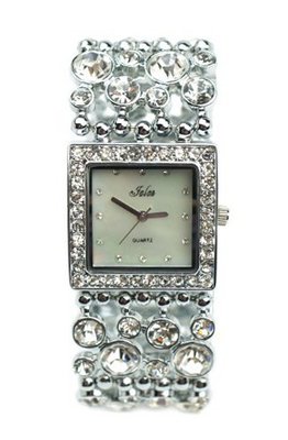uShoushockie High Fashion Glamorous Wide Silver White Gold Overlay Cubic Zirconia and Mother of Pearl Cocktail 7" 