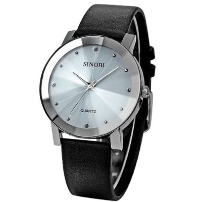 SINOBI Crystal White Dial  Quartz Black Leather Wrist Gift SNB022