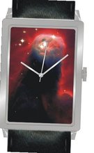 "Cone Nebula Monoceros" Is the Hubble Image on the Dial of the Polished Chrome Rectangle with a Black Leather Strap
