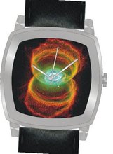 "Hourglass Nebula" Is the Hubble Image on the Dial of the Polished Chrome Cushion Shape with a Black Leather Strap