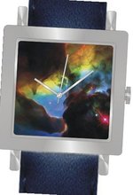 "Lagoon Nebula Detail" Is the Hubble Image on the Dial of the Polished Chrome Square Shape with a Navy Blue Leather Strap