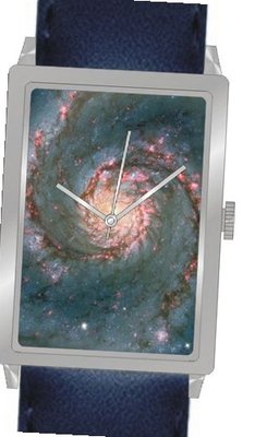 "Whirlpool Galaxy M51" Is the Hubble Image on the Dial of the Polished Chrome Rectangle with a Navy Blue Leather Strap