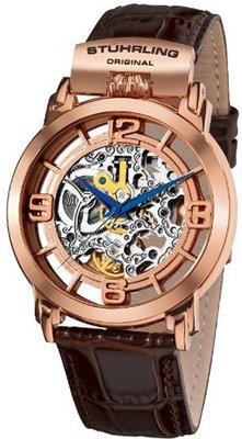Stuhrling Original 165F.334K14 "Classic Winchester General" 16k Rose Gold-Plated Stainless Steel and Brown Leather Automatic Skeleton