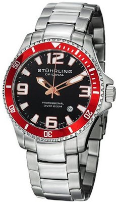 Stuhrling Original 395.33TT11 Aquadiver Regatta Champion Professional Diver Swiss Quartz Date Red Bezel