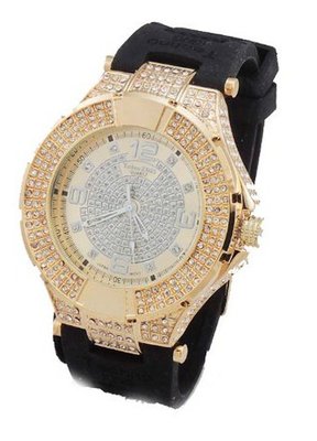 Iced Out,White Crystal, Gold Tone Hip Hop Bling Bing Black Rubber