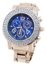 Silver Tone Crystals Blue Dial Hip-hop Cz-ice Bling Metal -Large Size