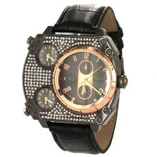 Techno King in Black Leather Band with Rhinestone Embedded Case - Two Extra Dials for Time Zones