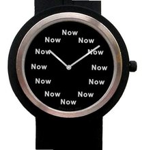 "Now" Is the Time That Is Shown Each Hour on the Black Dial of the 2-tone Black Metal and Brushed Chrome Round with a Black PU Strap
