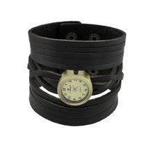 Unisex Black Leather Multi Strand Wristband Bracelet