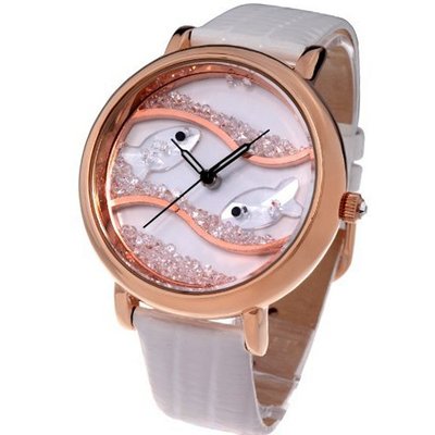 Time100 Diamond Crystal Fish Dial Genuine Leather White Strap Ladies #W50059L.03A