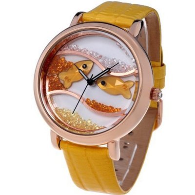 Time100 Diamond Crystal Fish Dial Genuine Leather Yellow Strap Ladies #W50059L.05A