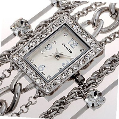 Time100 Diamond Square Dial Jewelry Chain Silver Bracelet Ladies #W50032L.03A