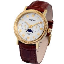 Time100 Moon Phase Waterproof Brown Leather Strap W80021G.02A