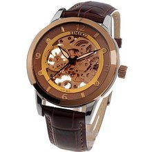 Time100 Precise Skeleton Coffee Leather Strap Automatic Mechanical #W60005G.01A