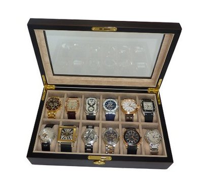 12 Piece Ebony Walnut Wood Box Display Case Collection Jewelry Box Storage Glass Top