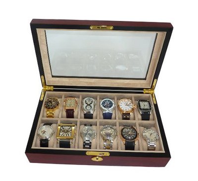 Elegant 12 Piece Cherry Wood Rosewood Box Display Case Collection Jewelry Box Storage Glass Top