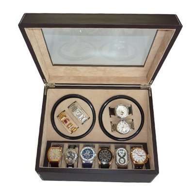 TimelyBuys 4 + 6 Quad Chocolate Brown Leatherette Automatic Winder & Storage Case