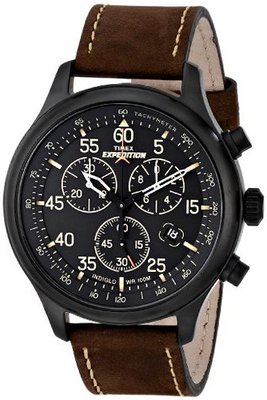Timex T49905 Expedition Rugged Field Chronograph Black Dial Brown Leather Strap
