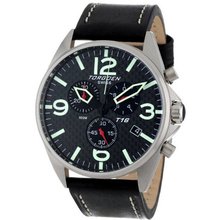 TORGOEN Swiss T16105 45mm Aviation with Chronograph, Brushed Stainless Case, Black Carbon Fibre Dial and Black Italian Leather Strap