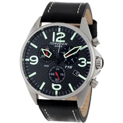 TORGOEN Swiss T16105 45mm Aviation with Chronograph, Brushed Stainless Case, Black Carbon Fibre Dial and Black Italian Leather Strap