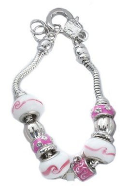 uUKM Gifts Pink White Bead Charm Bracelet With Diamante Clip New 