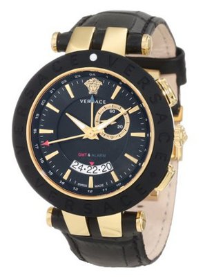Versace 29G7S9D009 S009 V-Race Gold Ion-Plated Black Dial Leather GMT-