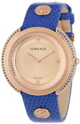 Versace VA7080013 Thea Gold Ion-Plated Stainless Steel Blue Sapphires Lizard Pattern Leather Strap
