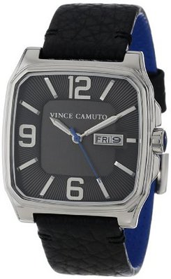 Vince Camuto VC/1022DGSV The Sergeant Square Silver-Tone Day-Date Function Black Leather Strap