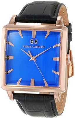 Vince Camuto VC/1038BLRG Coope Square Rose Gold-Tone Black Leather Strap
