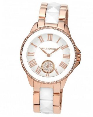 Vince Camuto VC/5046WTRG Swarovski Crystal Accented Rose Gold Tone and White Ceramic Pyramid Bracelet